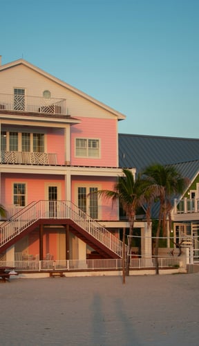 Pink and green beach houses on white sand at golden hour
