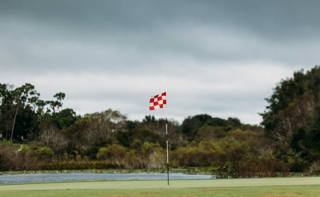 Golf flag on green with water and trees in background